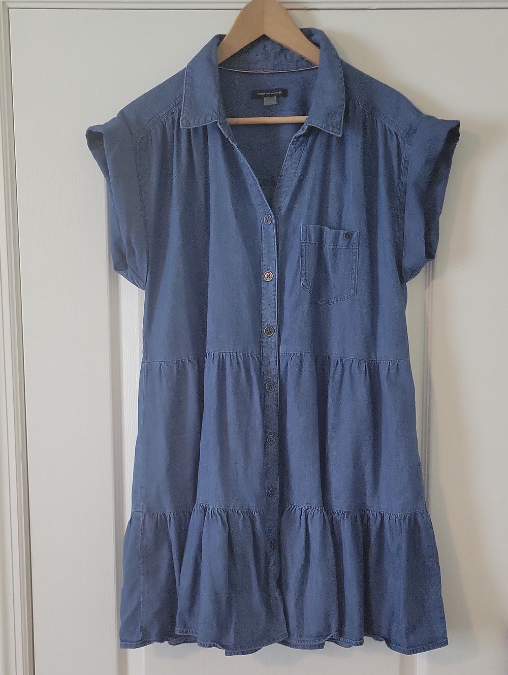 Tommy Hilfiger Blue Chambray Tiered Babydoll Shirt Dress Cuffed Sleeve